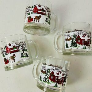 VINTAGE LIBBEY CHRISTMAS COFFEE / TEA GLASS MUGS SET, CURRIE & IVES